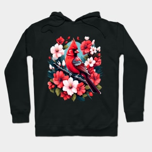 Cute Northern Cardinal Surrounded by Vibrant Spring Flowers Hoodie